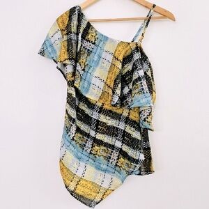 [Project Runway] Plaid Weave Print One Shoulder Ruffle Neck Asymmetrical Hem Top